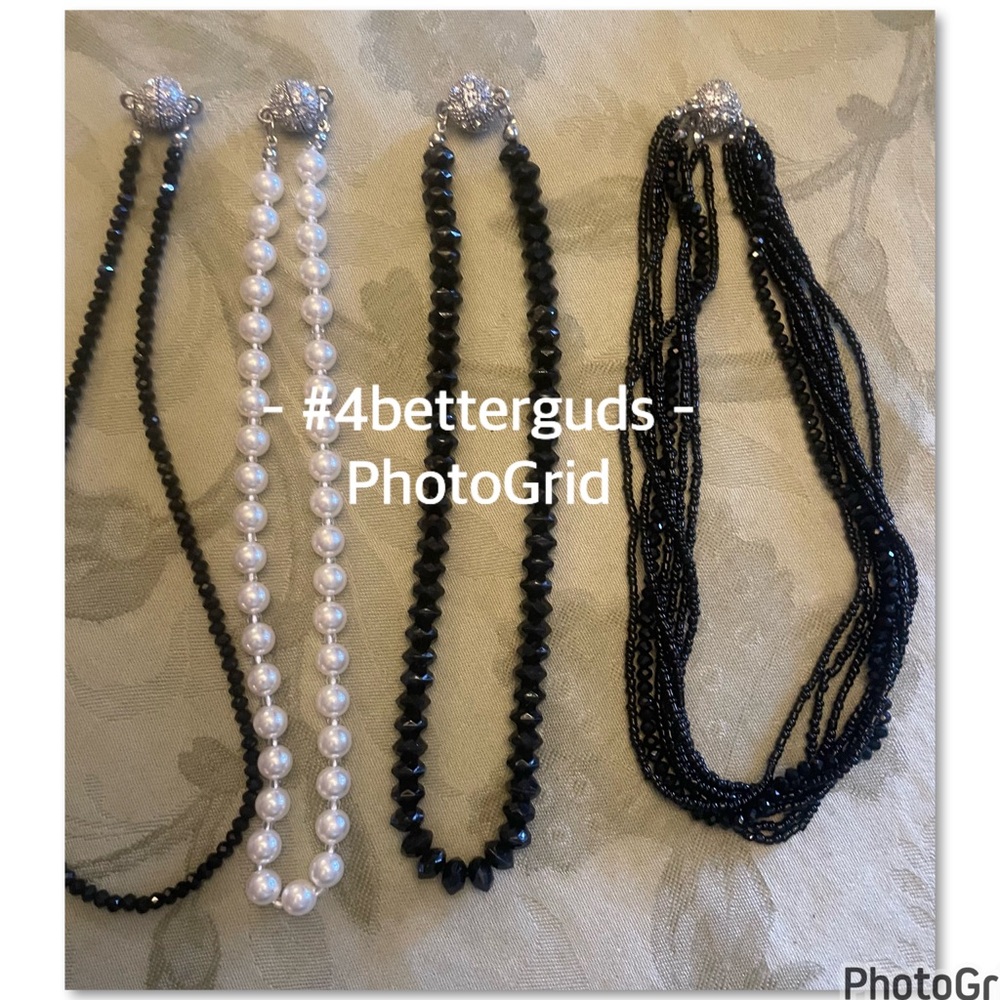 Bundle Set 4 Homemade Black Crystals & Pearl Rhinestone Magnetic Clasp Necklaces - Picture 5 of 15